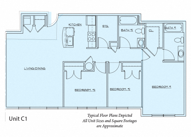 Floor plan for 3 beds, 2 baths, 1202 sqft